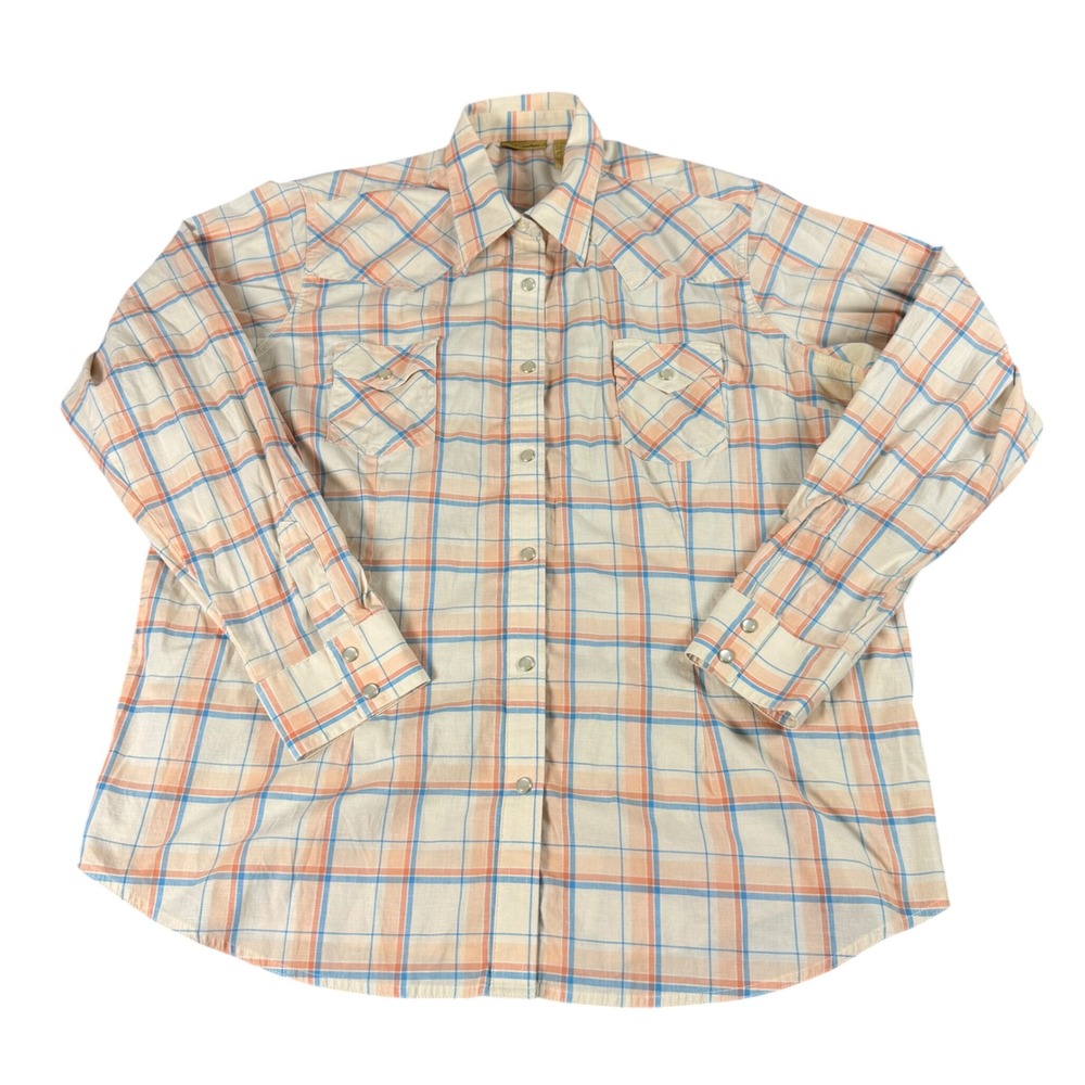 Wrangler Womens XXL Western Snap Shirt Peach Blue Plaid Long Sleeve LWES01M